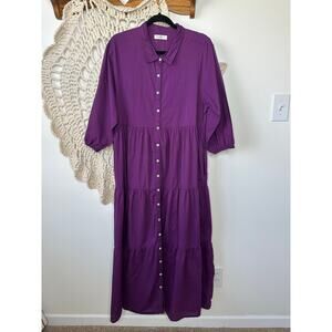 Natural Life Purple Cotton Button Up Tiered Maxi Shirt Dress Modest Size Large